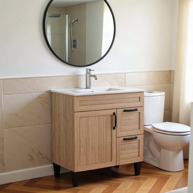 Meuble-lavabo de salle de bain de 80 cm (31,5 pouces) avec lavabo en céramique, 1 porte et 2 tiroirs, naturel