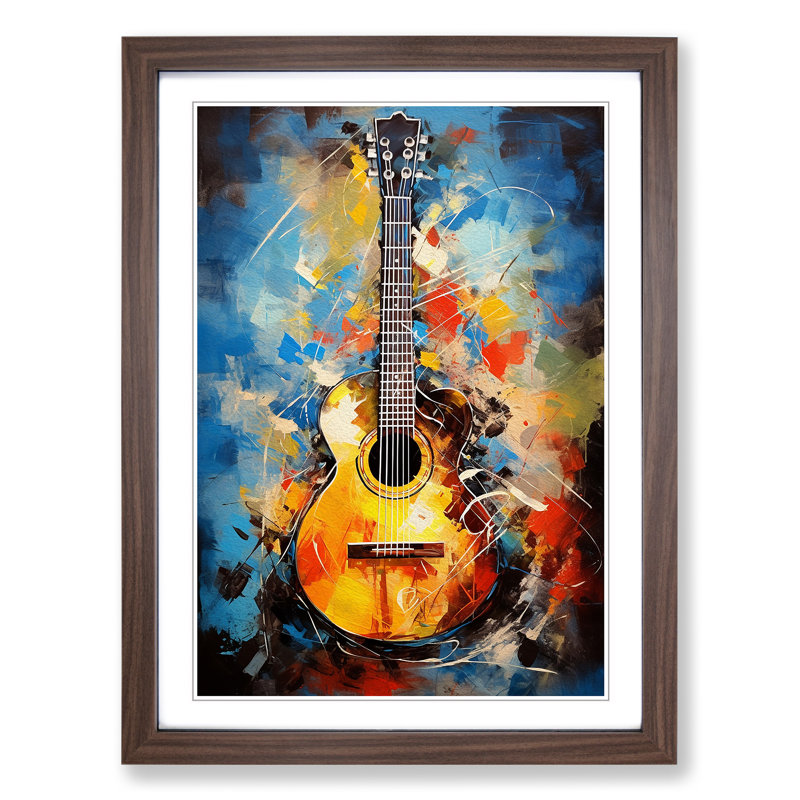 XYZ-FRM-V1223-1746 Acoustic Guitar Action Painting - Single Picture Frame Print on Wood, 34cm H x 25cm W x 2cm D, Walnut 