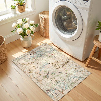 Floral Rug Botanical Birds Print Nature Plants Washable Non-slip