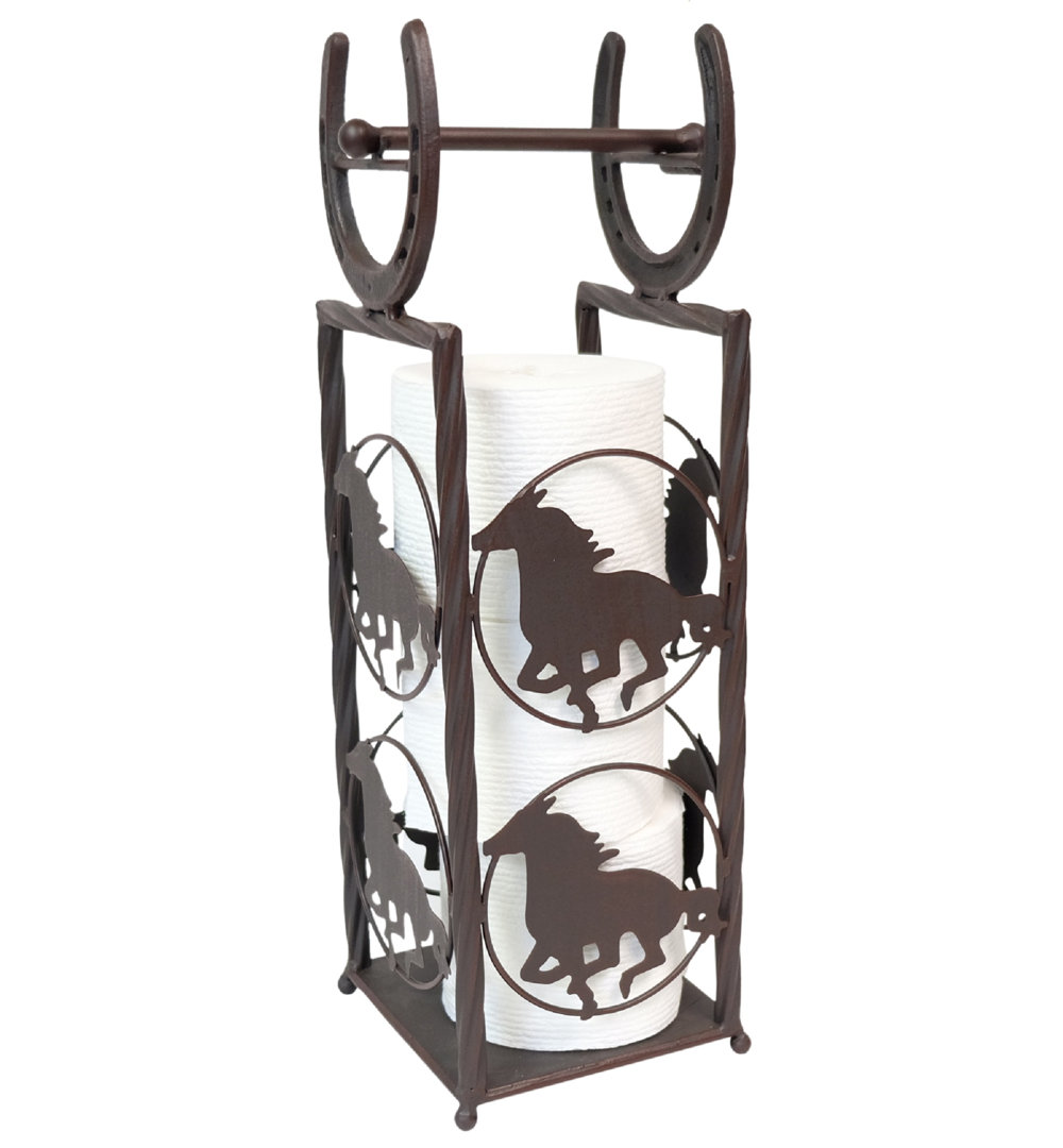 Metal Brown Western Horse with Horseshoe Accent Toilet Paper Holder with Extra Roll Storage De Leon Collections