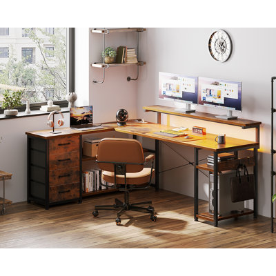 Lymon L-Shaped Metal Base Computer Desk with Power Outlet