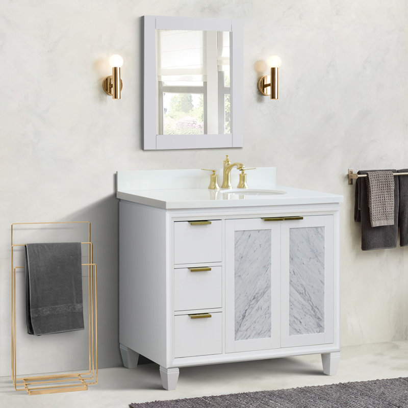Schreck 43'' Single Bathroom Vanity with Engineered Stone Top with Mirror, White