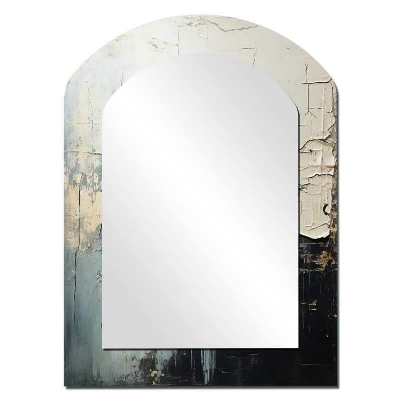 Minimalism Black And White Paint Wave II - Coastal Arch Large Wall Mirror, Cream Asymmetrical Decorative Mirror, Printed Metal Art