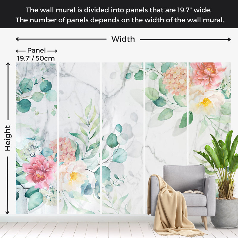 Papier peint floral - Marbre fleuri, L 68 po x l 98 po
