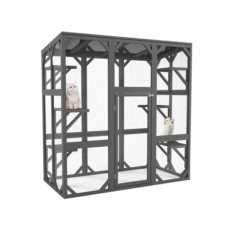 Grande enceinte extérieure pour chat avec six plateformes, toit imperméable, grillage en acier galvanisé, abri en bois gris, environnement chaleureux