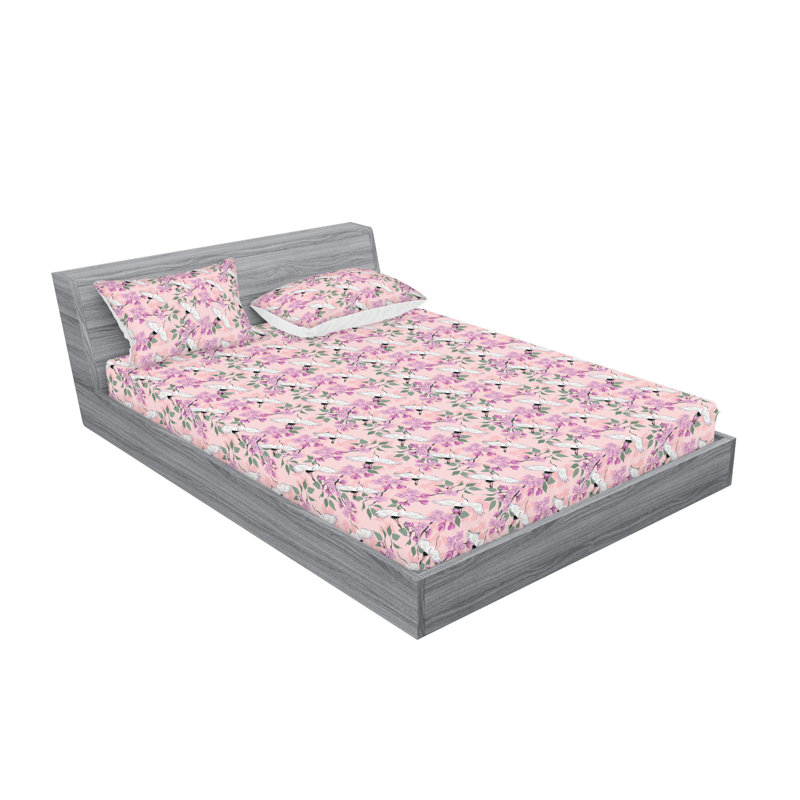 Ambesonne Fitted Sheet & Shams, Pale Purple/Rose Green Flower, King Sheet Set with 2 Pillowcases