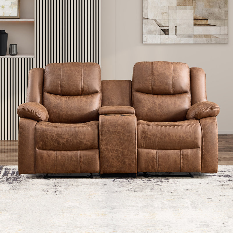 73" Wide Breathable Leather Manual Reclining Loveseat Sofa, 2-Seater Recliner Couch With Storage & Cup Holder, Brown