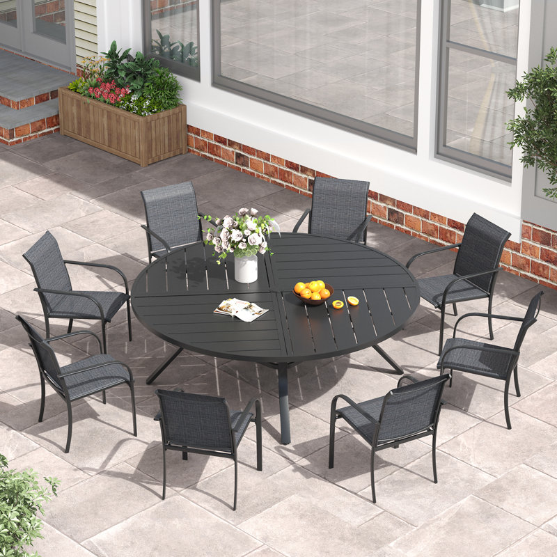Round Patio Dining Set with 60" Metal Dining Table and 8 Stackable Armrest PVC-coated polyester Chairs, Black/Gray