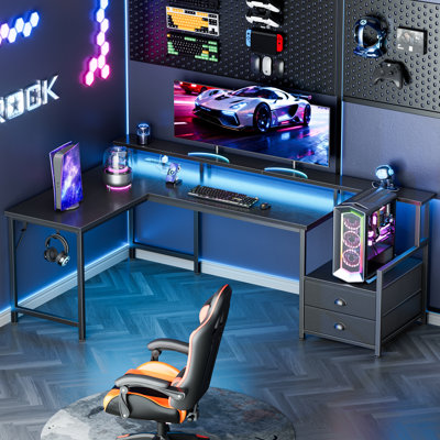Bureau de jeu en forme de L avec éclairage DEL et prises électriques, bureau d'ordinateur avec tiroirs et support pour imprimante