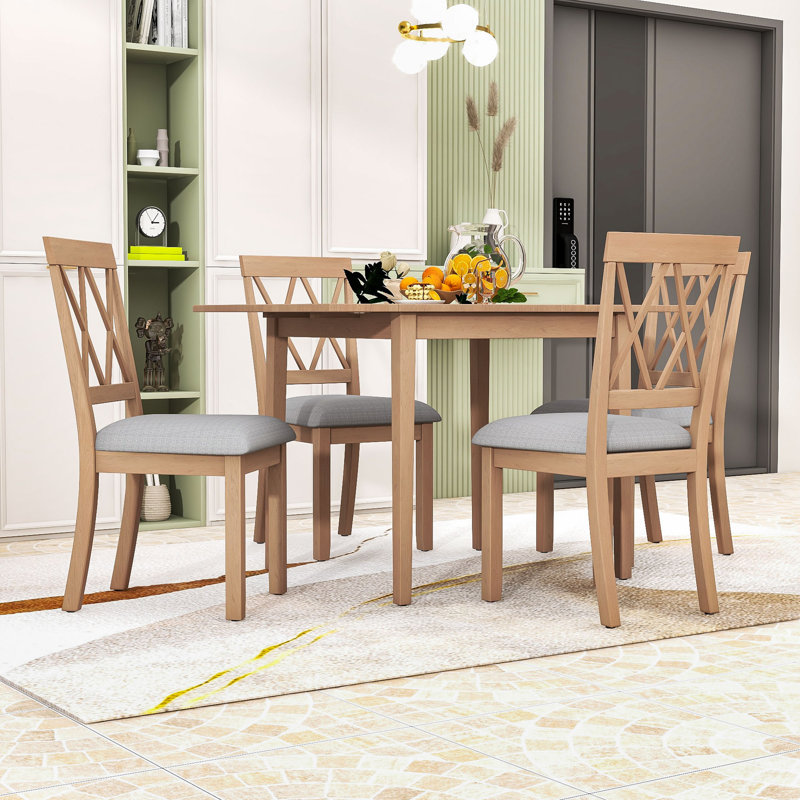 Ensemble de table de salle à manger extensible 5 pièces avec rallonge et 4 chaises rembourrées, Naturel