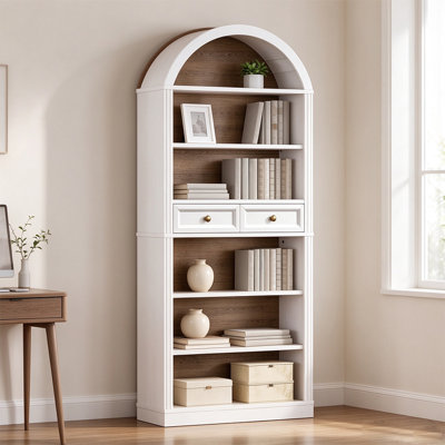 Arched 6-Tier Farmhouse Bookshelf with Drawer, Wooden Open Display Rack with Adjustable Shelves for Living Room，Home Office & Dining Room