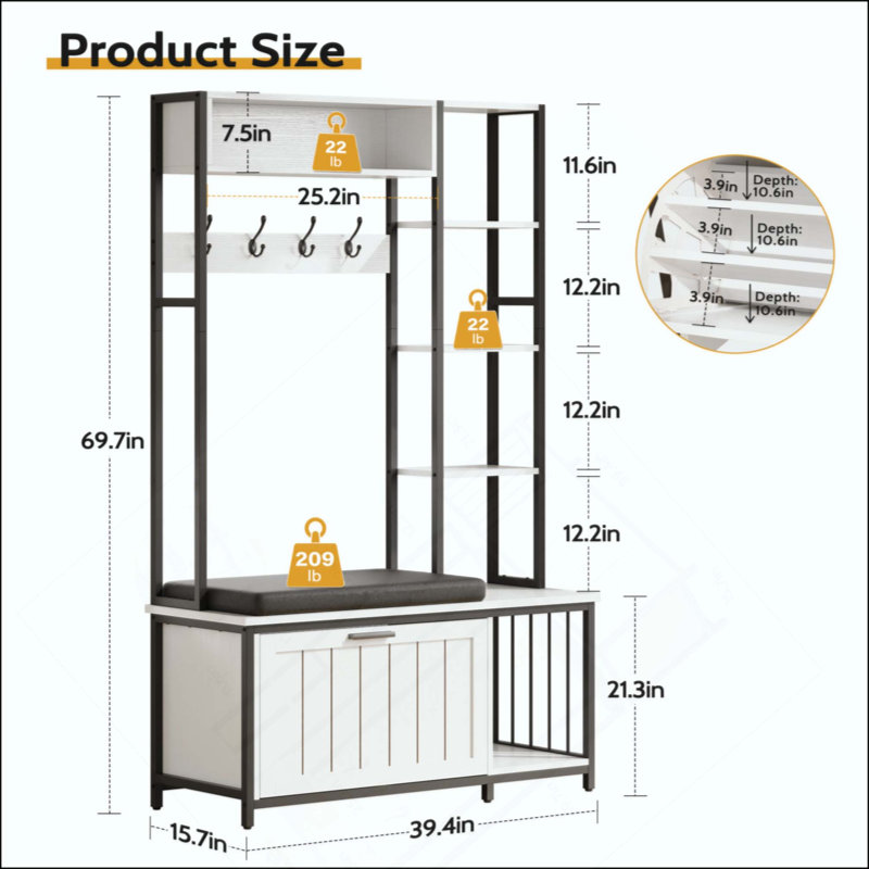 Hall Tree Coat Rack, Hall Tree With Bench And Shoe Storage, Mud Room Storage Furniture, White/Black
