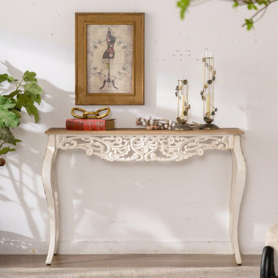 Antique White Console Table With Carved Details, Distressed Console Table, Vintage French Country Entry Table With Wood Carvings And Curved Legs For Hallway Living Room