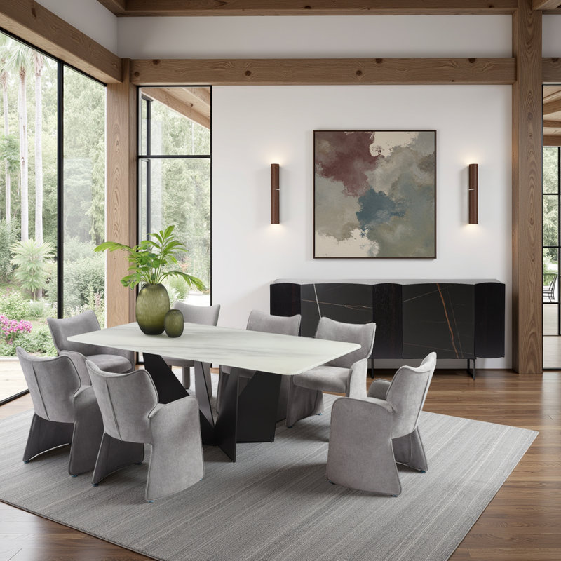 Arguelles Modern 7-Piece Dining Set With Upholstered Chairs And Tempered Glass Tabletop, Gray