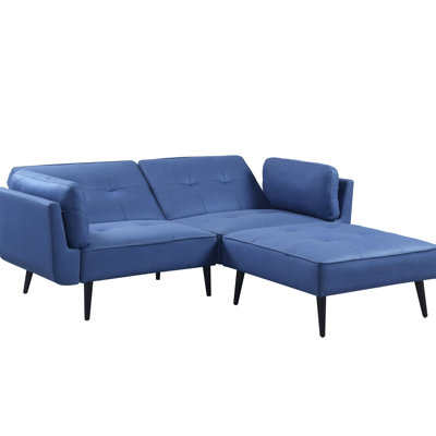Siège réglable à 2 places en tissu bleu, densité de mousse D40, pattes de dossier Kd, coussins, profondeur de produit de 68 po, capacité de 300 lb convertible en lit, structure intérieure en bois, bouton, housses de coussins amovibles, hauteur de 54 po à 34 po