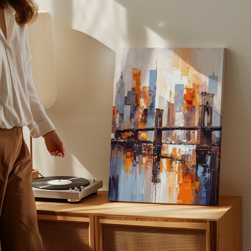 Toile, art mural, paysage urbain de rêve, pont abstrait et eau réfléchissante, prêt à accrocher, galerie, décoration intérieure, conception moderne, qualité supérieure