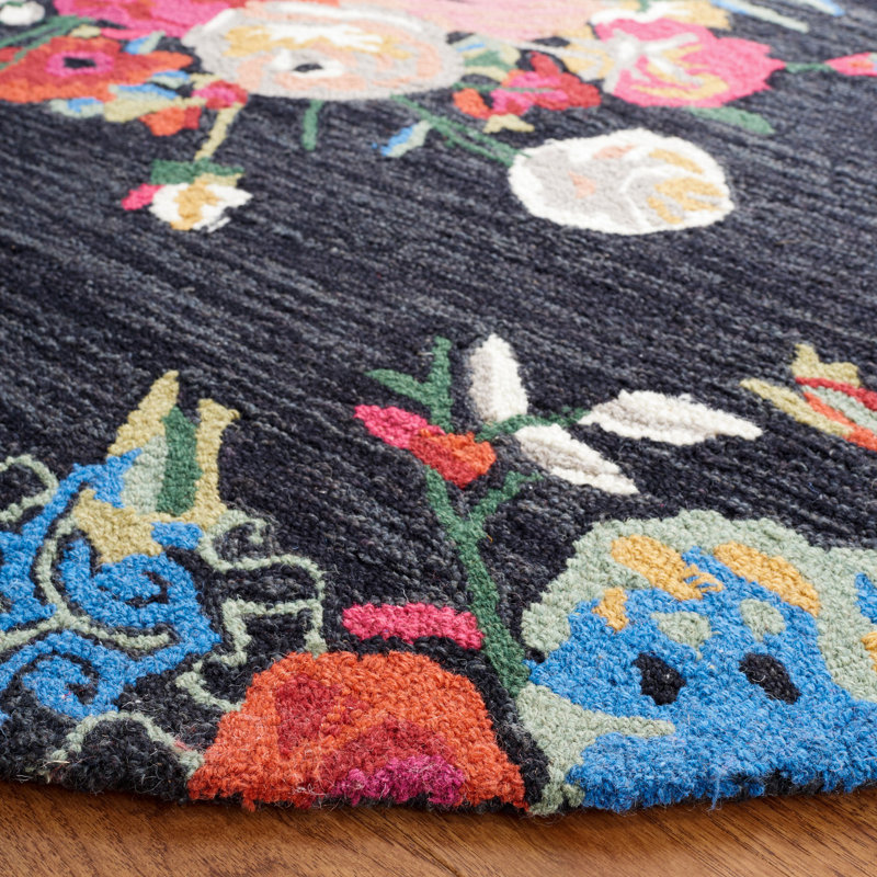 Tapis floral rouge / noir / bleu en laine / coton touffeté à la main Delmarco, Carré 7 pi