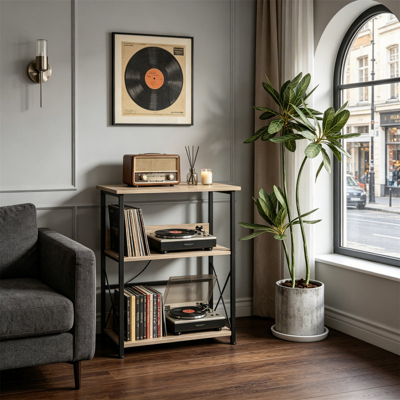 3 Tier Record Player Stand with Charging Station, Side Table for 100 Vinyl Storage, Gray
