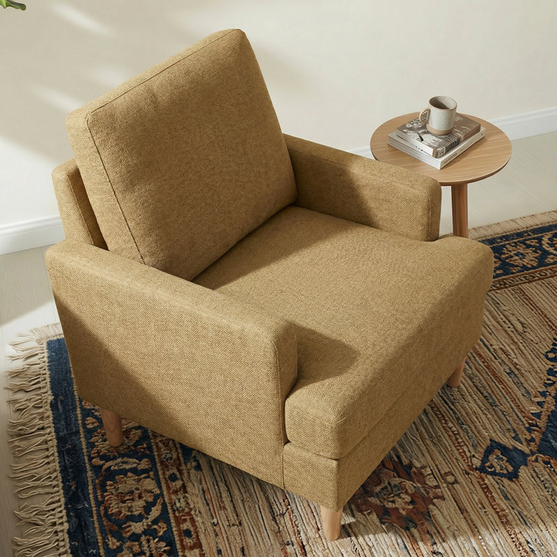Accent Chair With Solid Wood Legs, Yellow Fabric