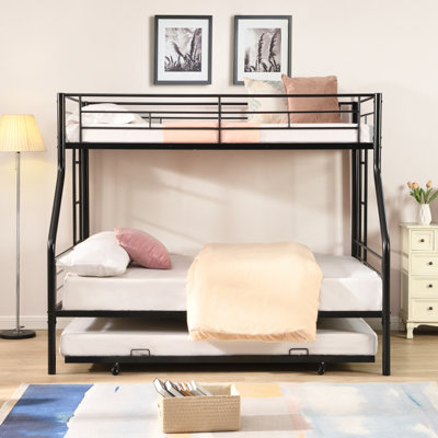 Lit simple superposé au dessus d'un lit double avec lit gigogne en métal, aucun sommier requis, assemblage facile