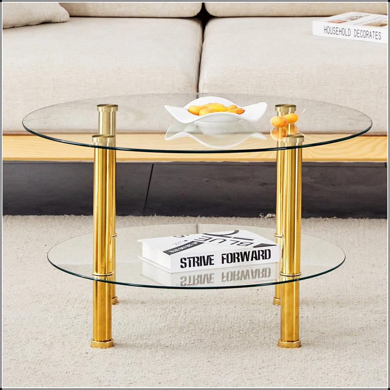 Table basse contemporaine en verre trempé à double couche de style contemporain - plateau de 27,5 po et dessous de 23,6 po. Plateau de table en verre renforcé, pieds en acier inoxydable.