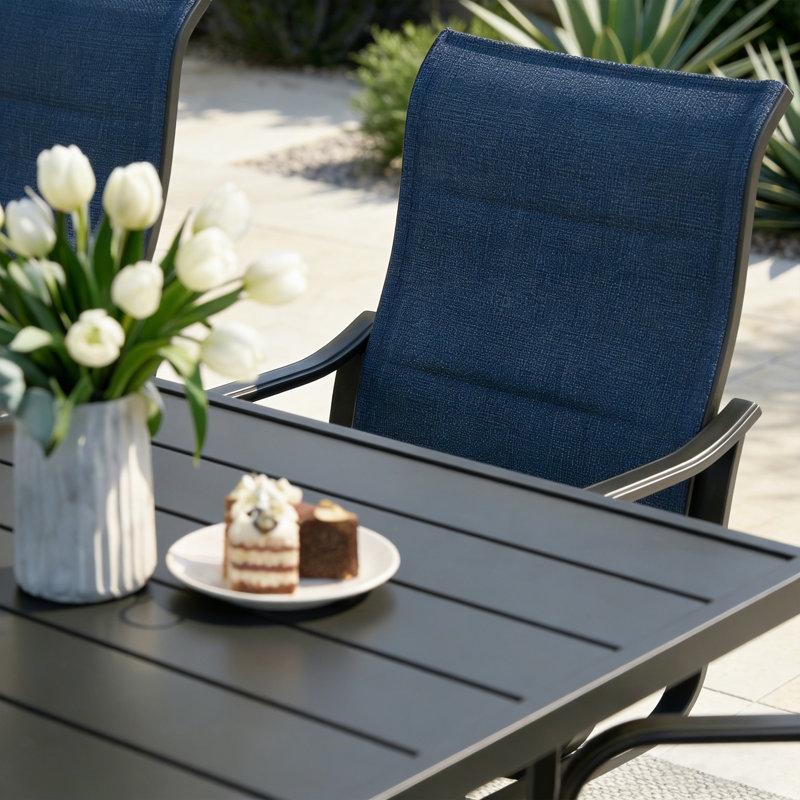 Burlington Padded Textilene Patio Dining Set With Umbrella Hole, Swivel Design, 7 Pieces: Table, 6 Chairs, Rectangular