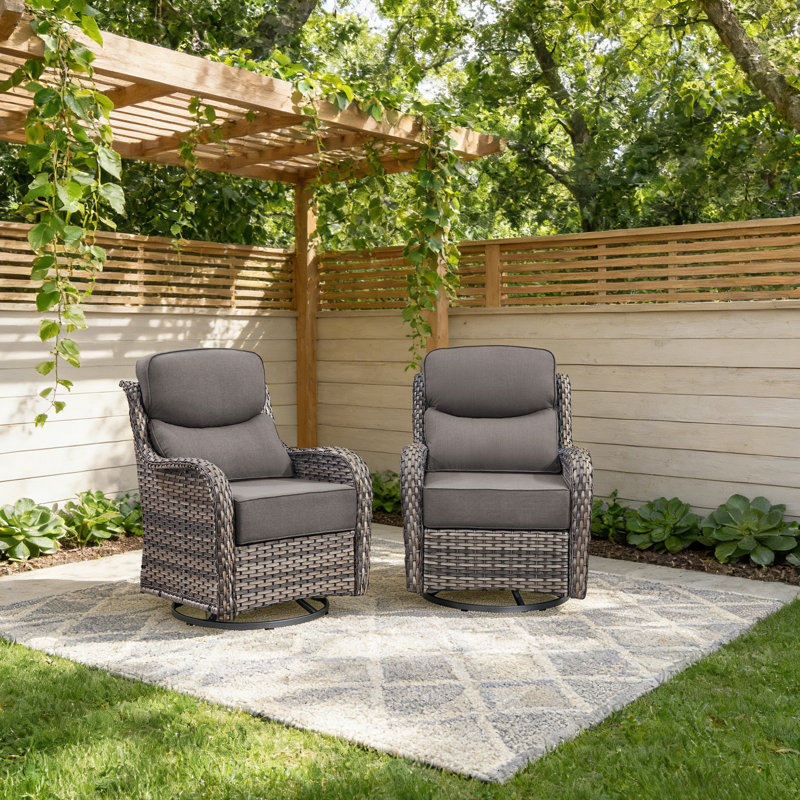 2-Pieces Outdoor Wicker Swivel Rocker Chairs With 6" Thick Cushions For Patio, Gray , Gray 
