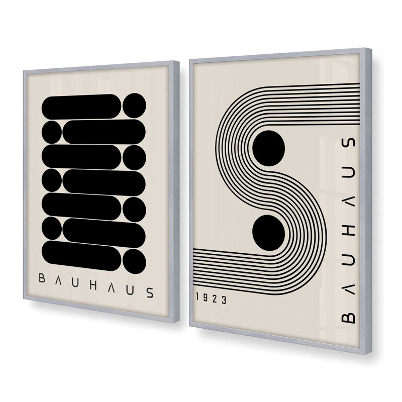 Ensemble de 2 impressions géométriques Bauhaus Energy, 14 po x 11 po, Cadre en chrome poli, H 25,5 po x l 39 po x P 1,25 po
