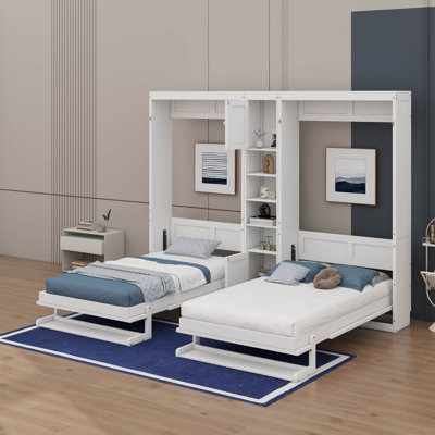 Lit escamotable avec armoires et tablettes, lit escamotable mural en bois, lit plateforme pliable