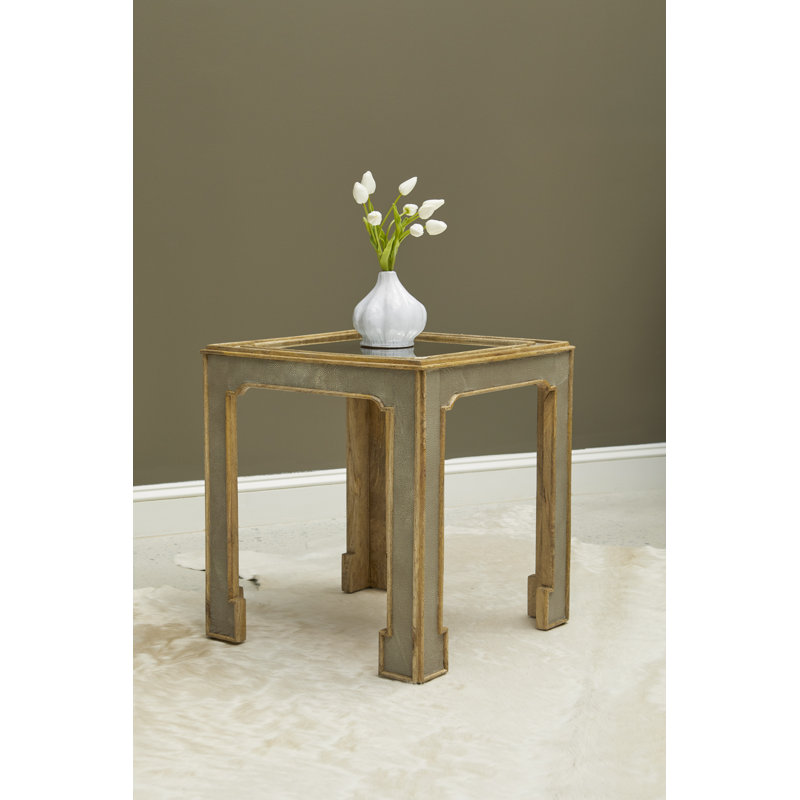 Gray Faux Shagreen Square Side Table with Mirrored Top