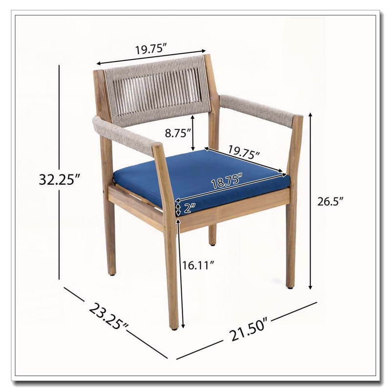 Ensemble de 4 chaises d'extérieur tressées en bois d'acacia avec coussins de style teck, corde beige et bleu marine