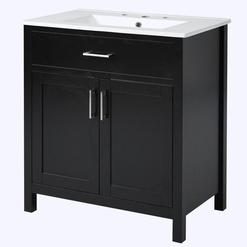Meuble-lavabo de salle de bain avec lavabo en céramique et beaucoup de rangement, Noir, noir, noir, noir