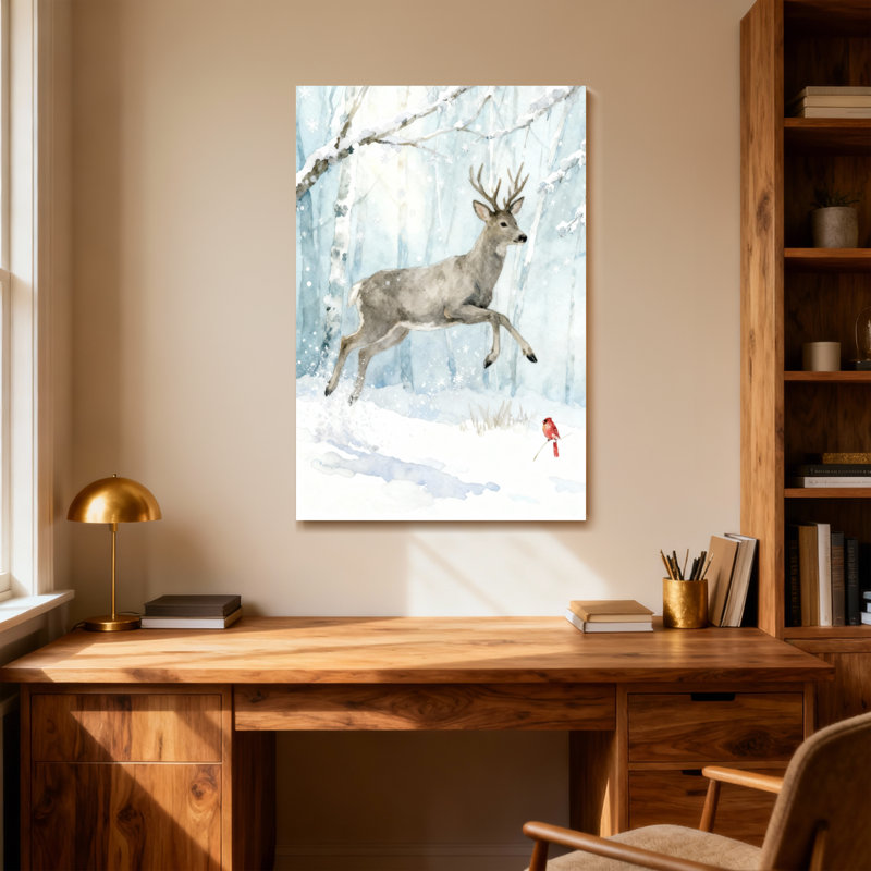 Animaux, hiver, forêt, cerf, neige, oiseau, H 18 po x l 12 po