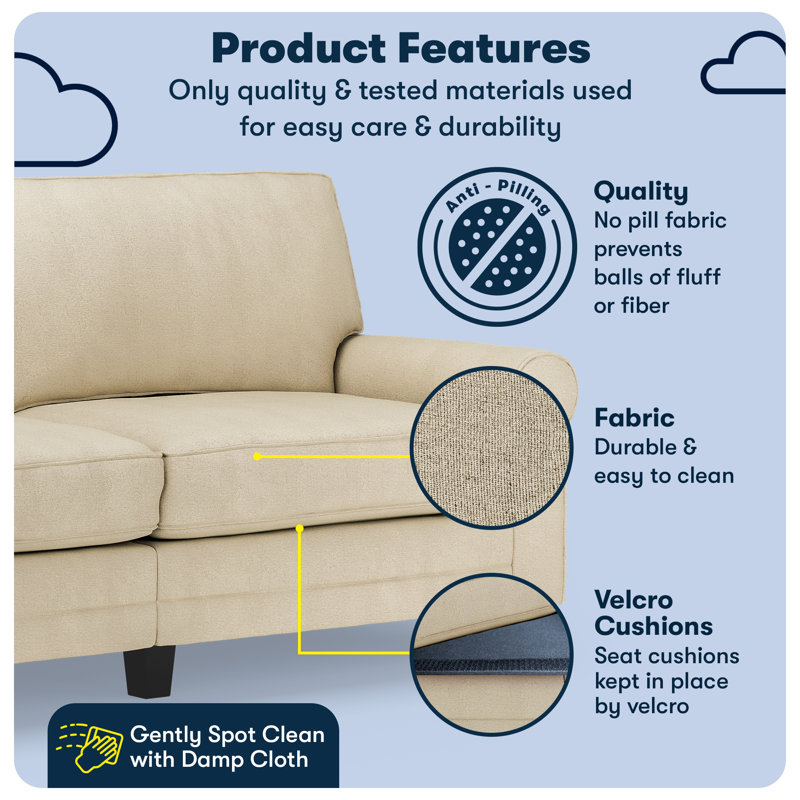 Serta Copenhagen 78" Rolled Arm Sofa, Easy Care Fabric, Soft Pillow Back, Pocket Coil Seat Cushions, Marzipan Microsuede