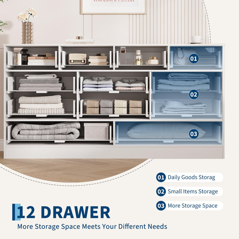 Modern 12 Drawer Dresser, 61" Wide Wood Chest with Gold Handles, Narrow Tall Dresser for Bedroom, Hallway, Entryway, White