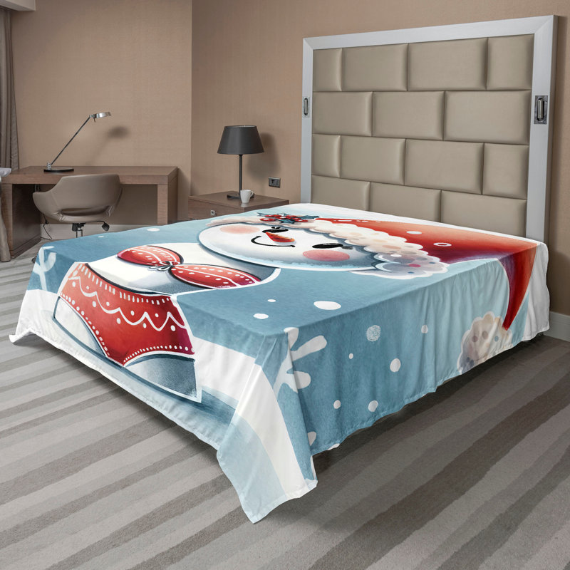 Drap Ambesonne Christmas Top Happy Snowman, Drap plat de taille double