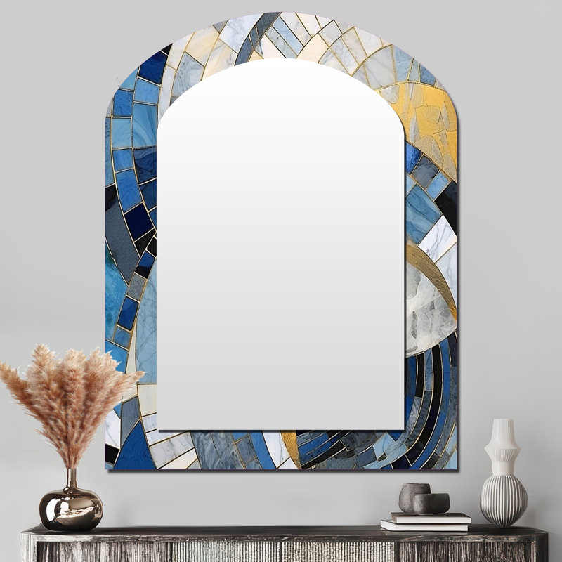 Gold Constructing Blue Realms I - Abstract Shapes Asymmetrical Decorative Mirror, Blue Arch Wall Mirror, Printed Metal Art