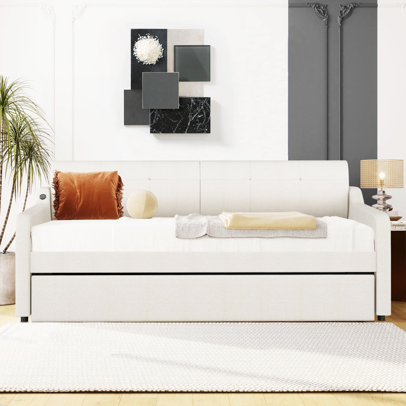 Renell Upholstered Twin Daybed with Pull-Out Trundle and 2 USB Charging, Beige