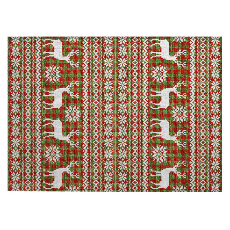 Machine Washable Indoor/Outdoor Christmas Reindeers Xhevrie Fern Rug