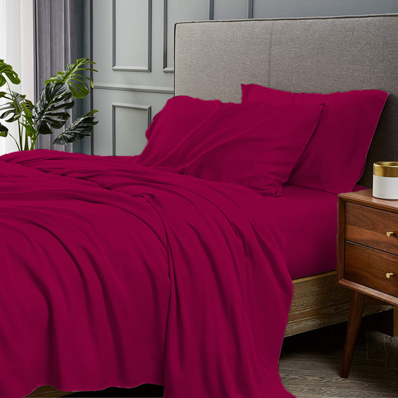 Ensemble de draps 4 pièces en rayonne de bambou, Ensemble de draps pour lit double avec 2 taies d'o, Bourgogne