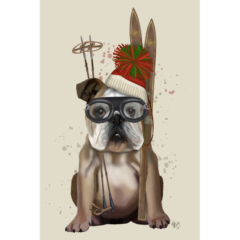 English Bulldog, Skiing by Fab Funky - Wrapped Canvas Print, 91cm H x 61cm W