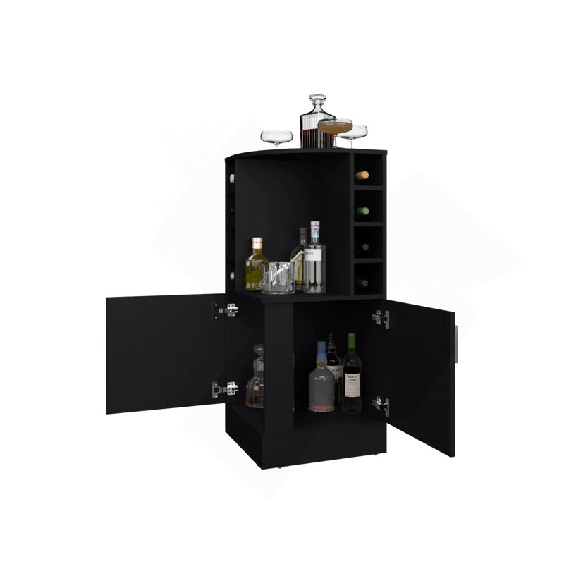 Bar d'angle avec porte-bouteilles et tablette ouverte, Noir