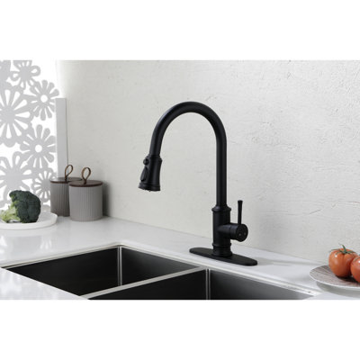 Robinet de cuisine monocommande à grande arche avec douchette extractible, acier inoxydable, noir mat, débit de 1,8 gal / min, évier en acier noir facile à installer et à utiliser, poignée, arc, débit en gallons par minute, utilisation