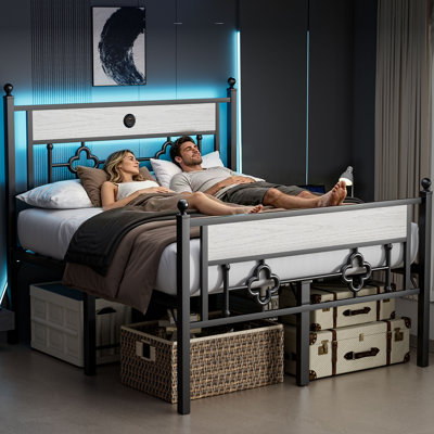 Tall Bed Frame,Tall Bed Frame with Headboard,20 Inch Tall Bed Frame,Bed Frame with LED Lights and Charging Station,Victorian Vintage Bed,No Box Spring Needed,Noise-Free