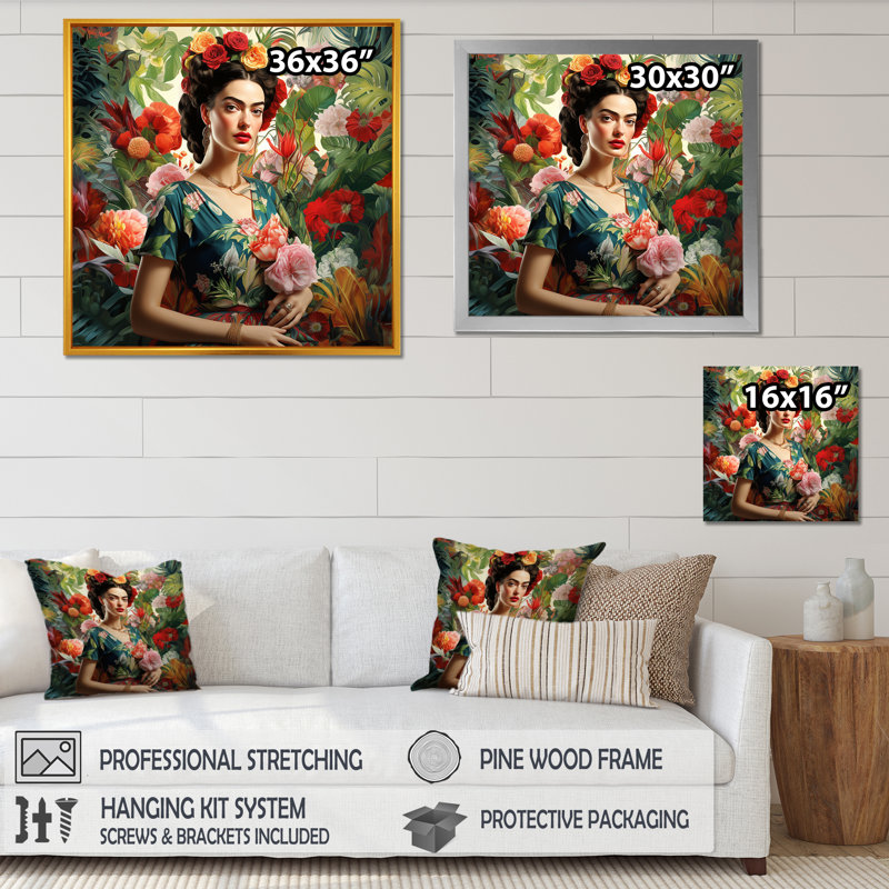 Art floral coloré, art mural mexicain coloré Frida III, Cadre flottant brun, H 30 po x l 30 po x P 1,5 po