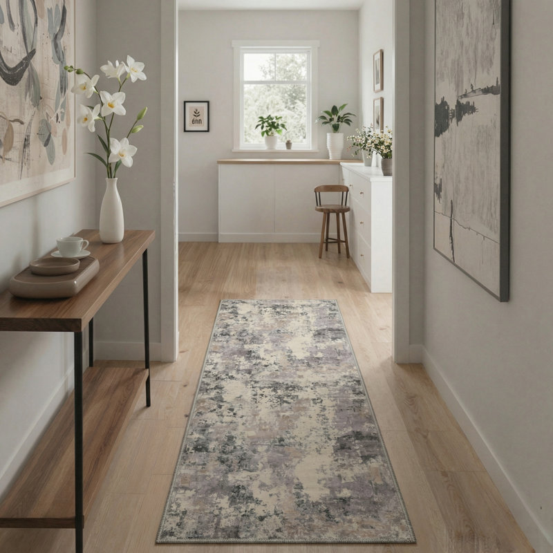 Mignone Aura Abstract Machine Washable Purple / Grey Indoor Area Rug with Non-Slip Backing, Runner 2'3" x 6'