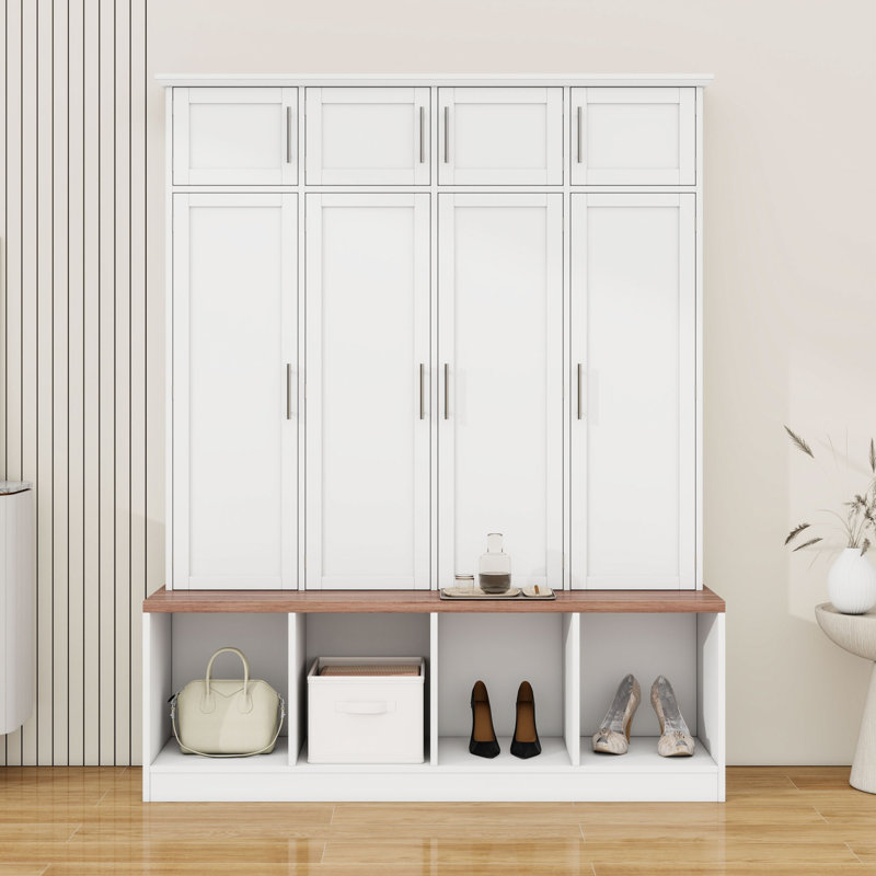 4-in-1 Hall Tree with 4 Hidden Hanging Hooks, Seating Bench and Doors, White