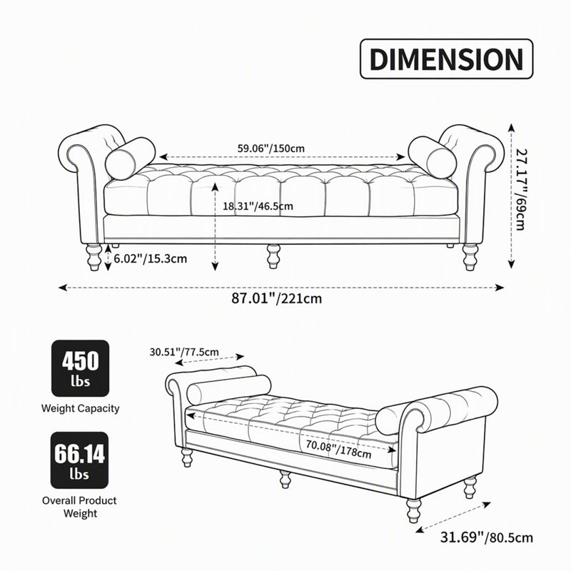 Banc de lit moderne capitonné de 87,01 pouces de large avec accoudoirs, méridienne en chenille avec 2 coussins cylindriques