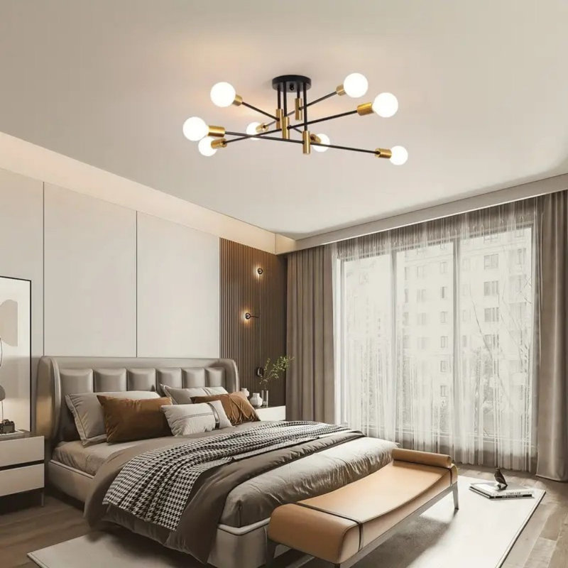 8-Light Black and Gold Sputnik Ceiling Light,Mid Century Semi Flush Mount Sputnik Chandelier Industrial Ceiling Lamp for Kitchen Dining Room Bedroom Foyer Entryway Hallway