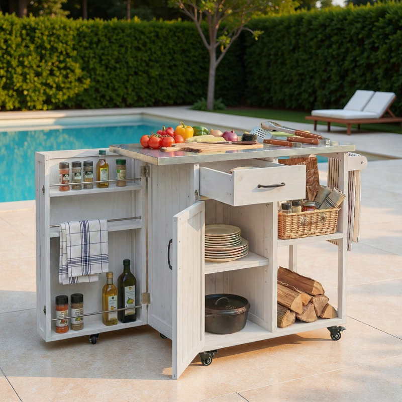 Îlot de cuisine extérieur avec plateau en acier inoxydable, serviette, étagères à épices, armoire, espace de rangement ouvert et tiroir